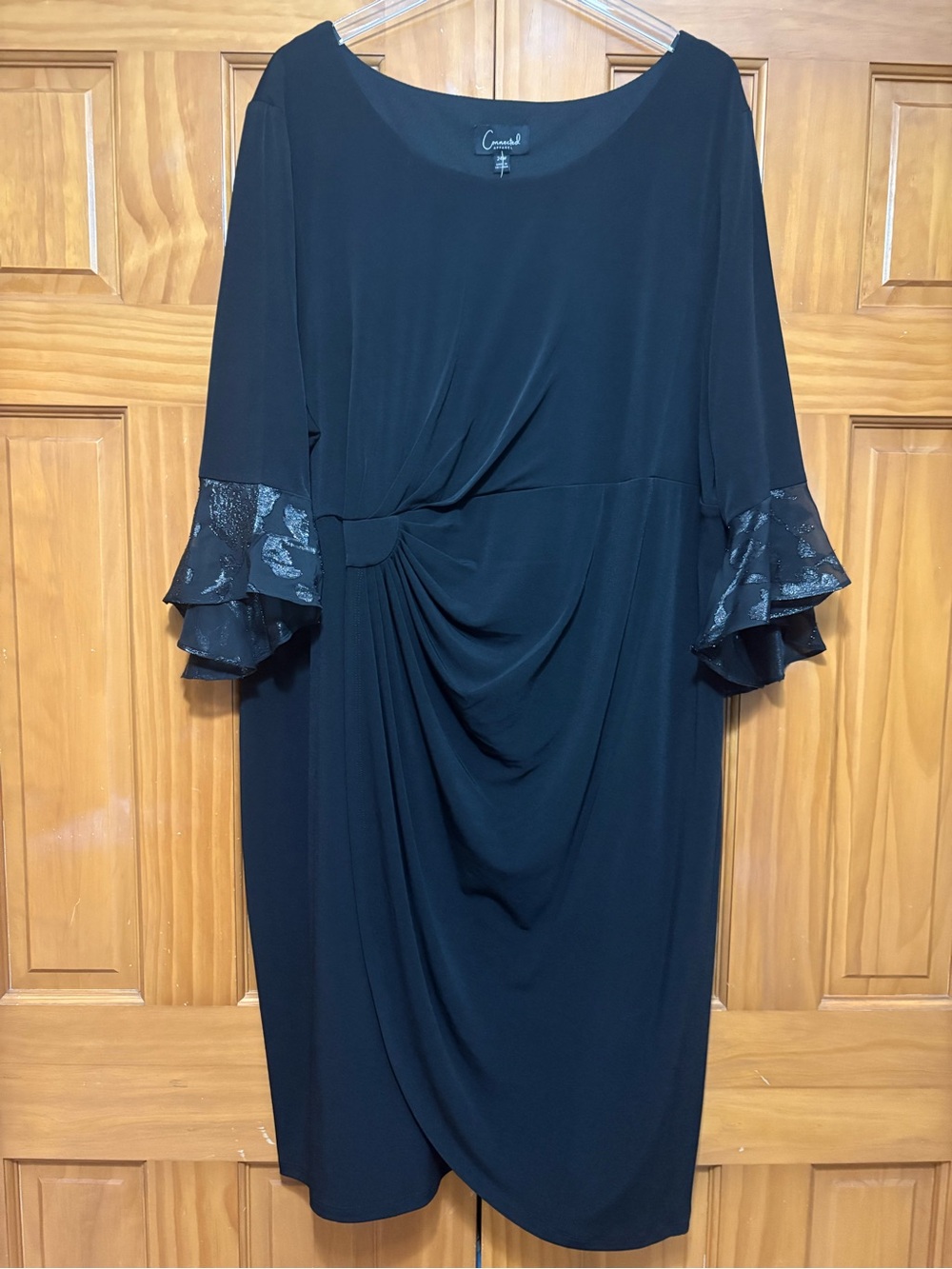 Connected Apparel Black Asymmetrical Ruched Dress with Ruffle Sleeves 24W NWT
